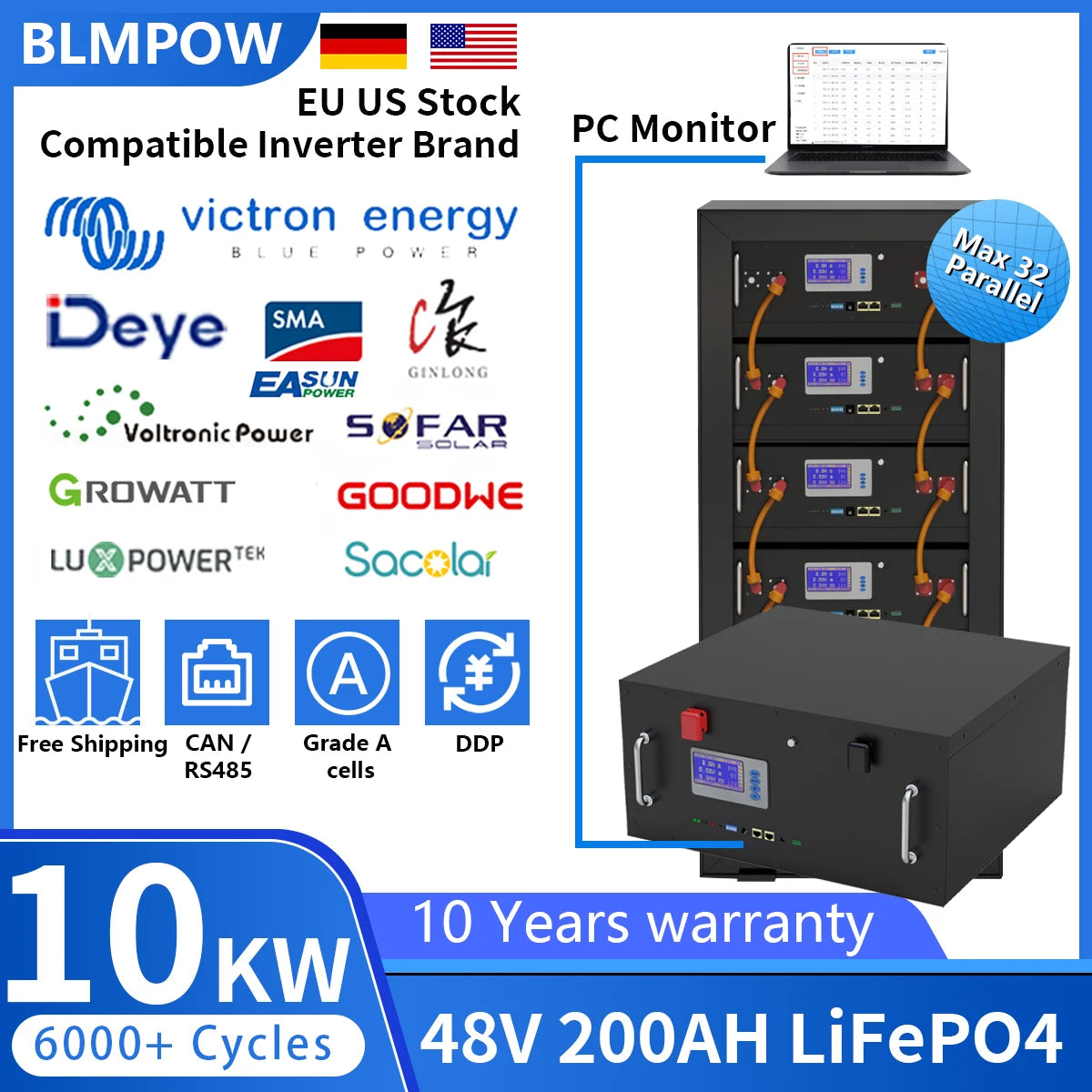 48V 200Ah 100AH LiFePO4 Battery, 48V 200Ah LiFePO4 battery pack compatible with various brands, features parallel connections and CAN/RS485 communication.