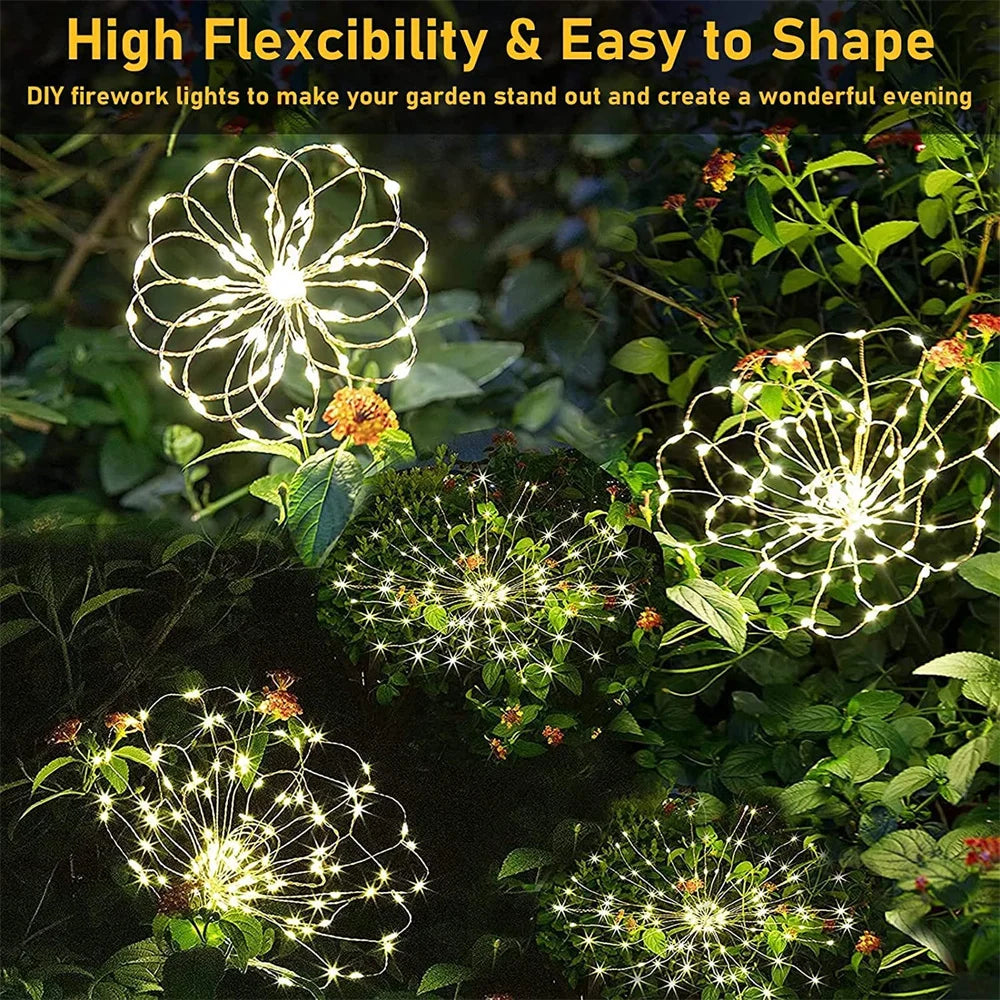 Solar Firework Light, Ethereal firework lights create stunning evening ambiance, adaptable to unique garden landscapes.