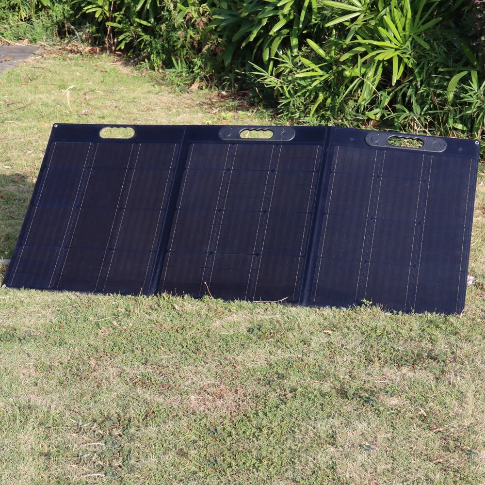 300W Foldable Portable ETFE Solar Panel, Temperature range -20°C to 60°C; dimensions: unfolded 94.33x27.75x0.16 inches, folded 27.76x21.26x1.57 inches.