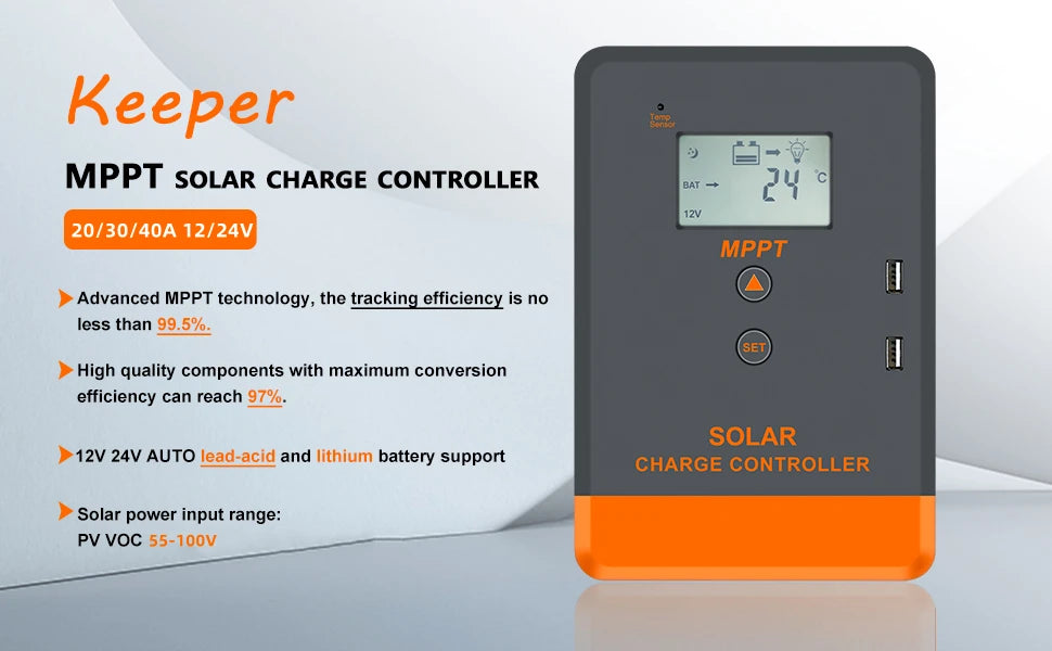 MPPT solar charge controller with LCD display, regulates 12/24V batteries and charges via dual USB ports.