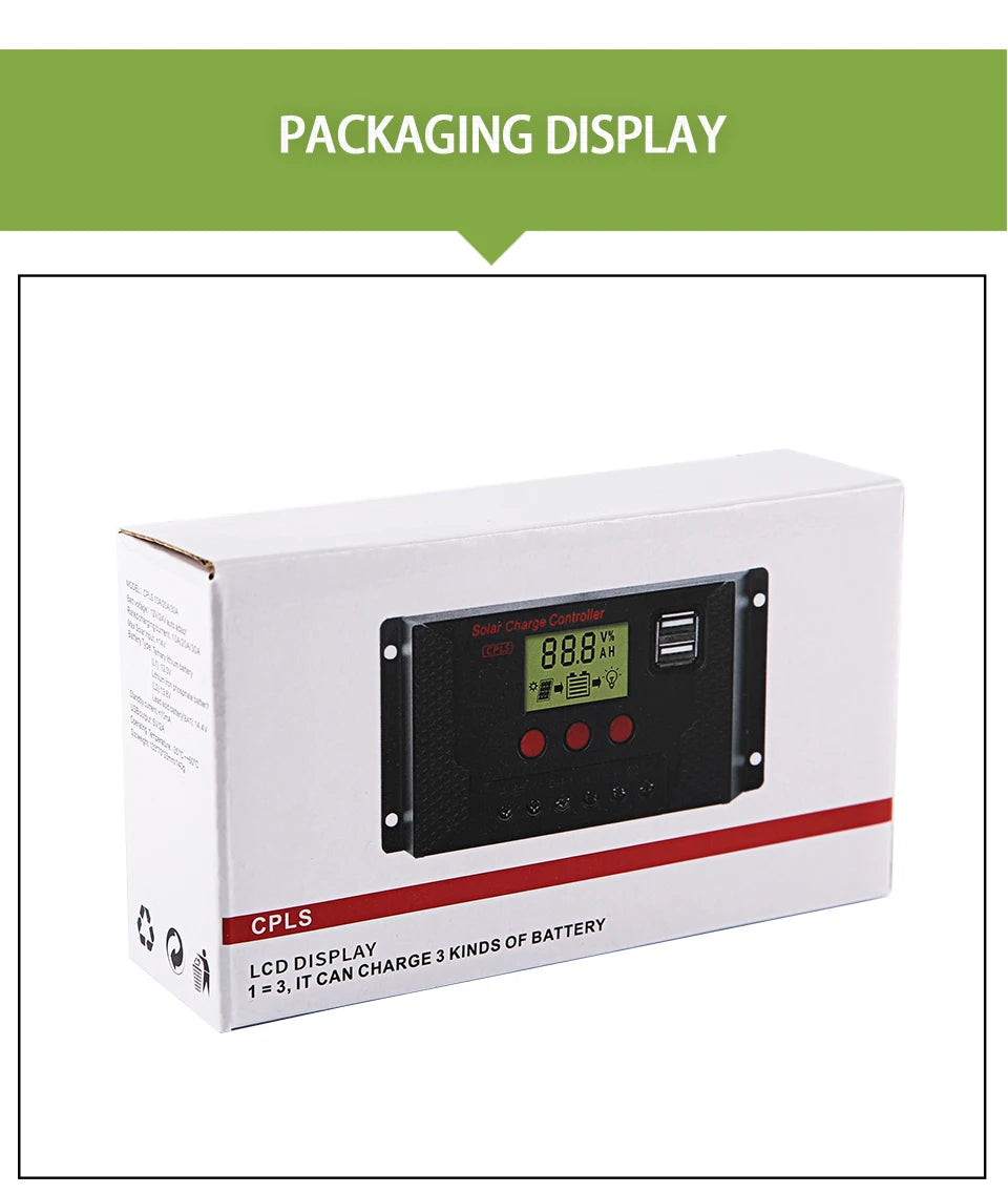 Displaying four battery types (10A-40A) with LCD display, offers free shipping.