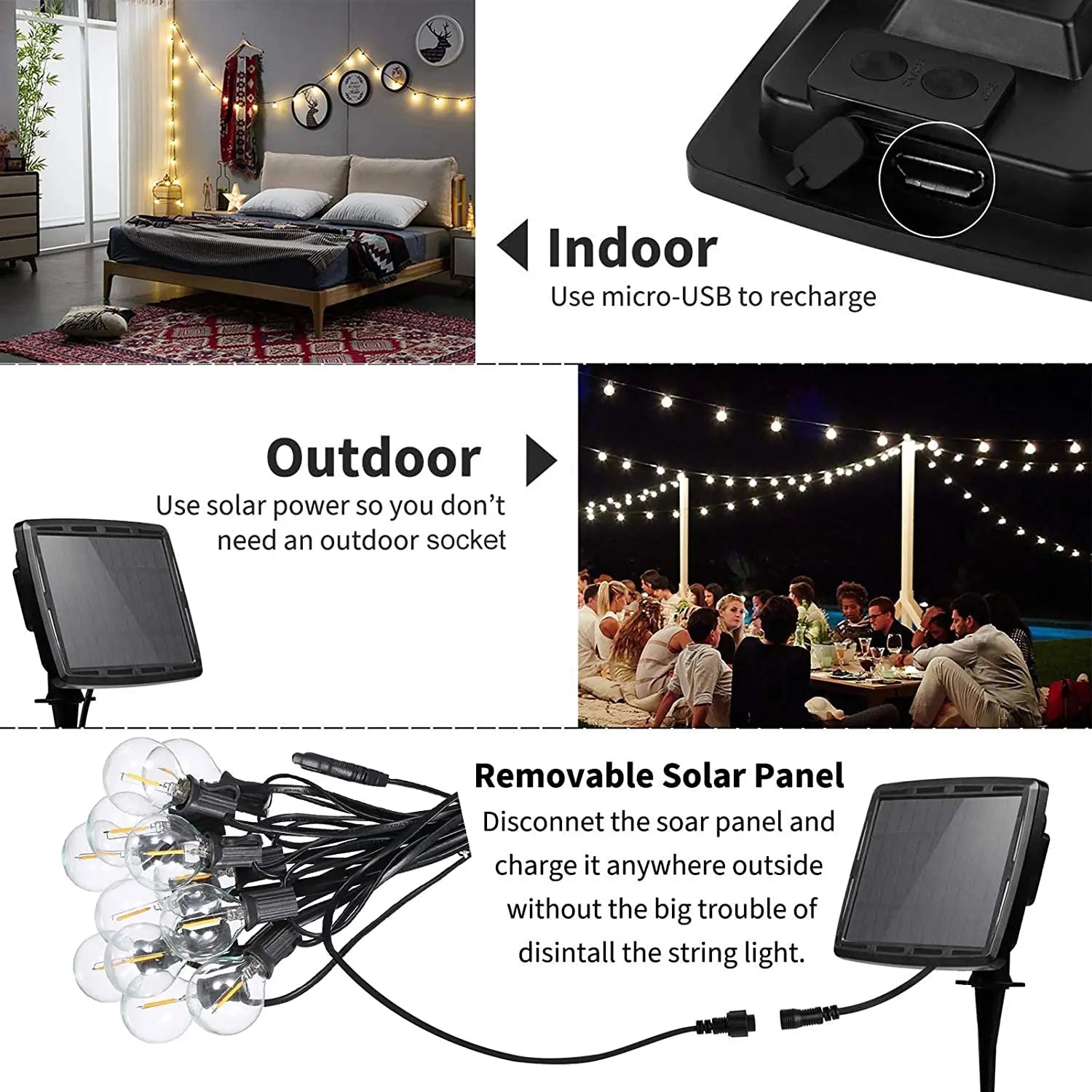 Solar Led Light, Wireless charging and portable solar power for convenient string light recharging.