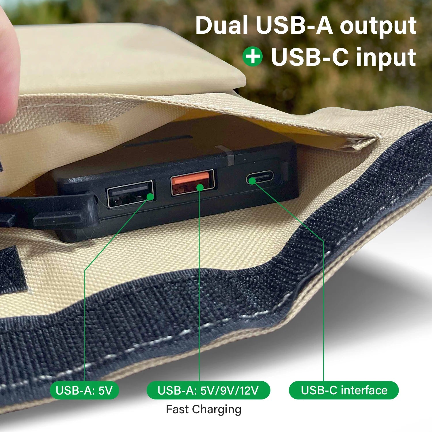 Outdoor Solar Panel, Portable power bank with dual USB-A outputs and fast-charging USB-C input, plus adjustable voltage settings.