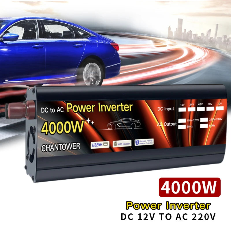 Modified Sine Wave Inverter, DC-to-AC power inverter with adjustable wattage (400W-3000W) for car or solar power applications.