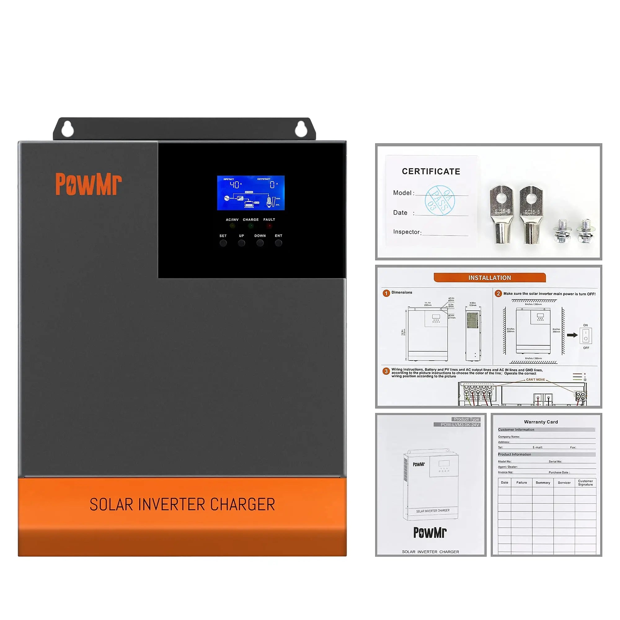 PowMr 110V Solar Inverter, Solar inverter hybrid with built-in charger, pure sine wave, and adjustable output (110V, 3KW/5KW).