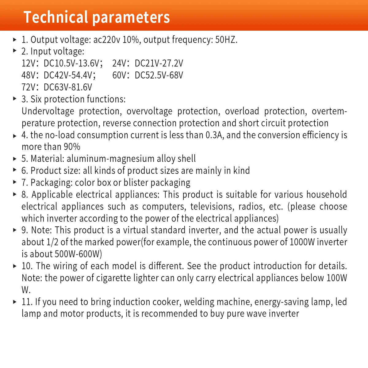 Pure sine wave inverter converts 12V DC to 220V AC, suitable for mini-cars and power supplies.