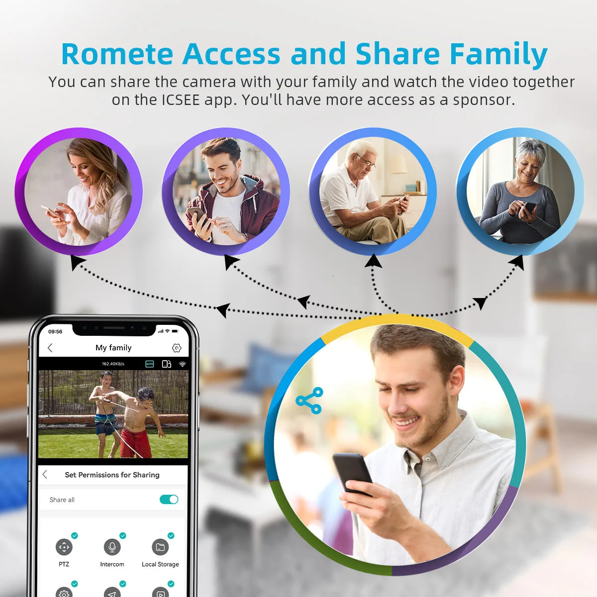 WiFi PTZ Camera, Share camera footage with family and friends using iCsee, a collaborative viewing app.