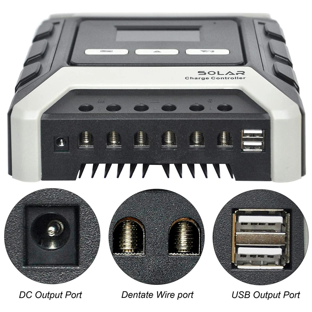 MPPT Solar Charge Controller, Features a DC output port, wire port, and USB output port for convenient charging.