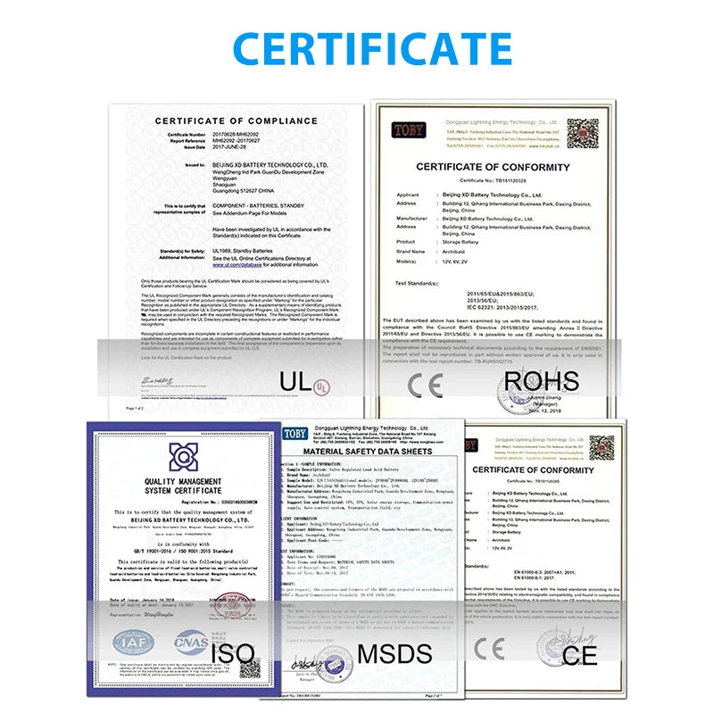Certificate of Conformity for LiFePO4 battery pack with built-in BMS, suitable for RV/boat/solar use.