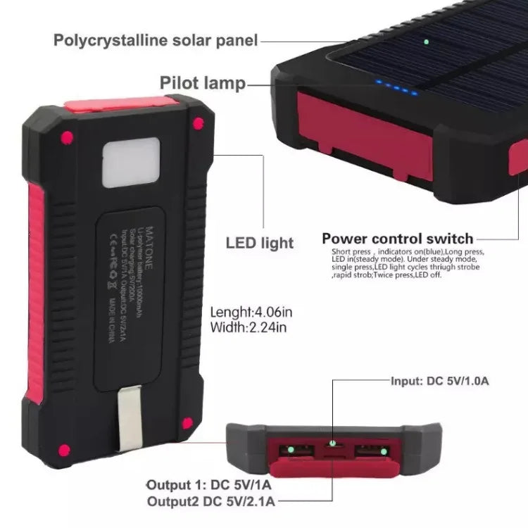 Wireless charging, water-resistant power bank with solar panel and compass, ideal for outdoor use.