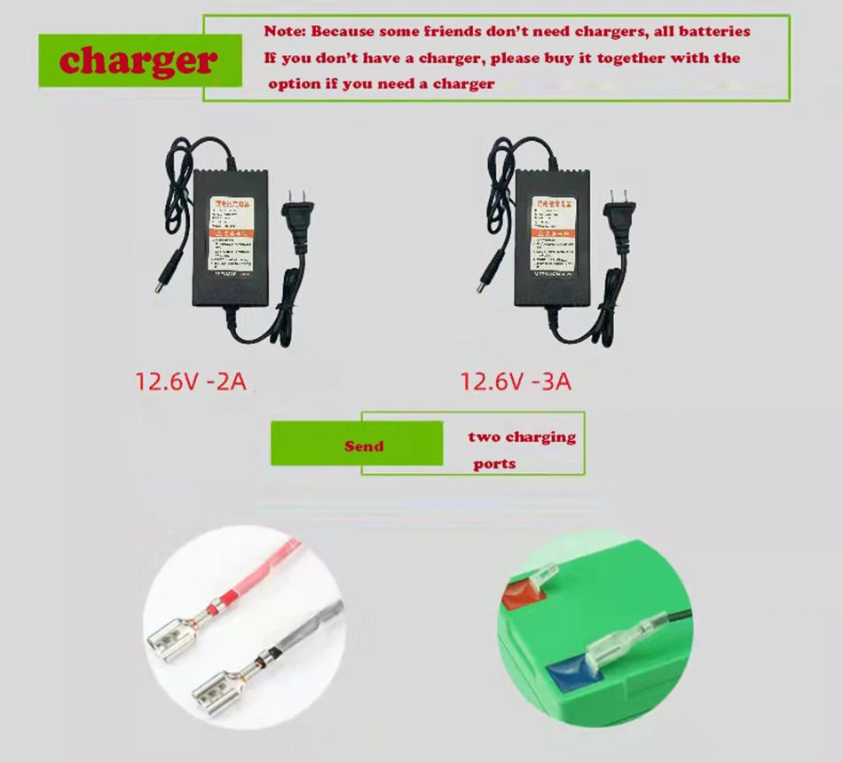 12V Battery, Rechargeable lithium battery pack with optional 12V charger included.