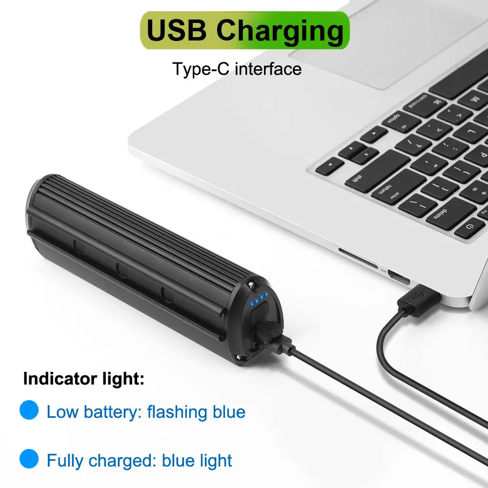 NEWBOLER EOS640 Bicycle Light, USB charging with indicator lights: blue flashes for low battery, steady blue for full charge.