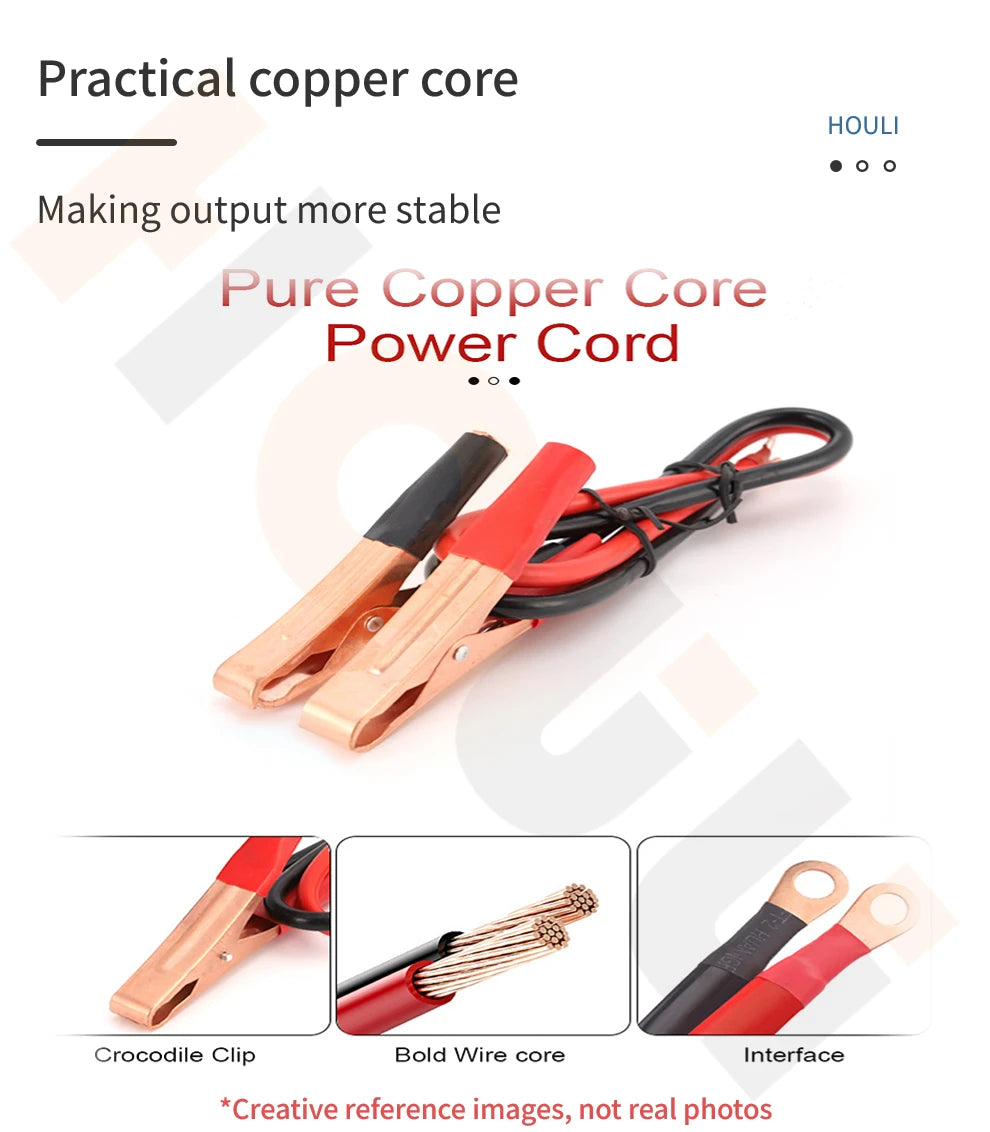 Inverter, Stable output and pure sine wave technology in a copper core design with a crocodile clip interface.