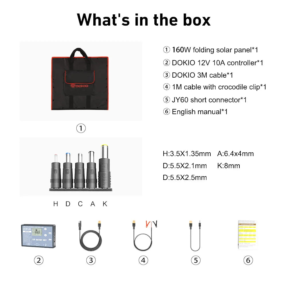 DOKIO 18V 100W 300W Portable Ffolding Solar Panel, Portable solar panel kit for charging devices at home or in the car.