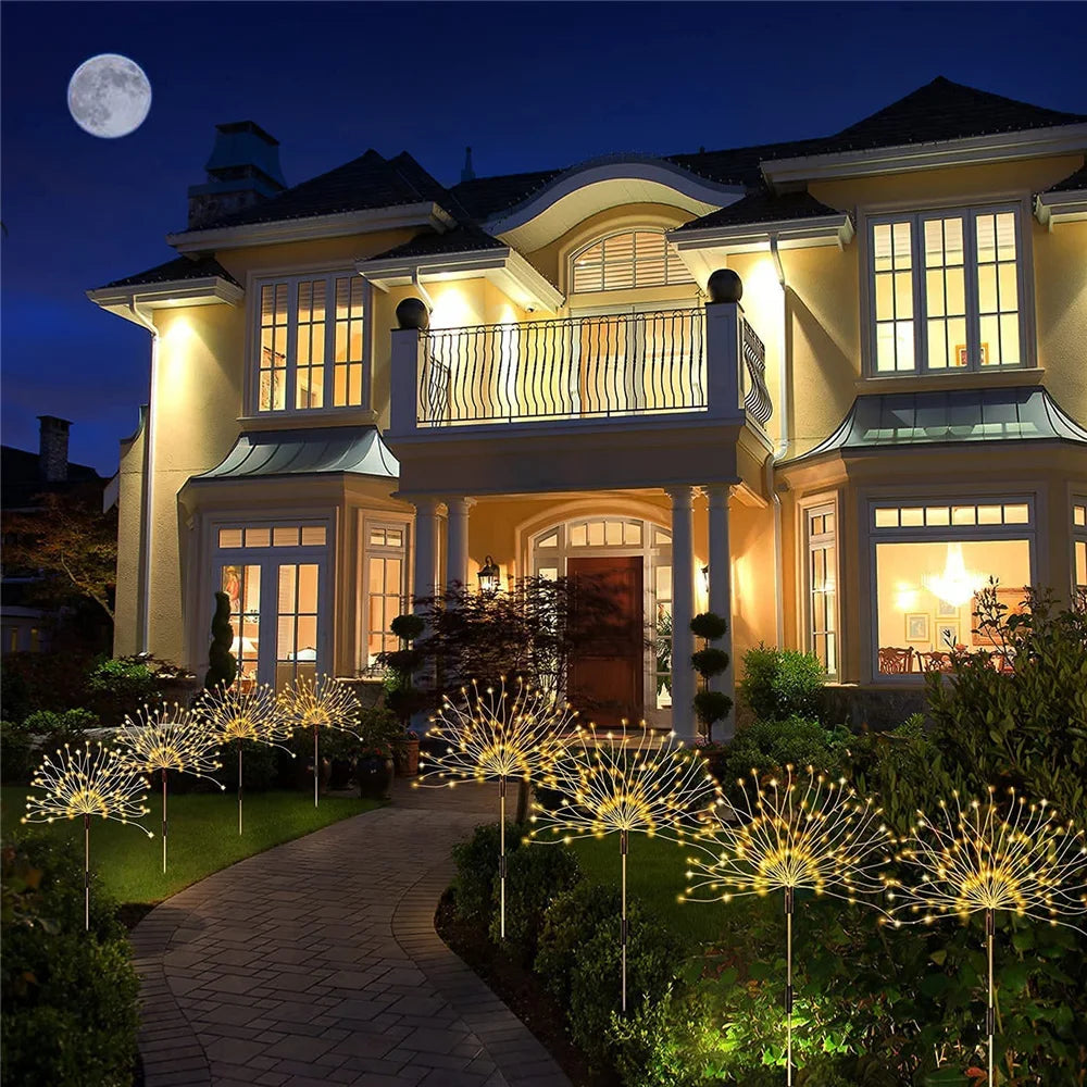Solar Firework Light, Solar-powered lawn light with adjustable LED count and color, waterproof, and sensor-controlled for outdoor use.