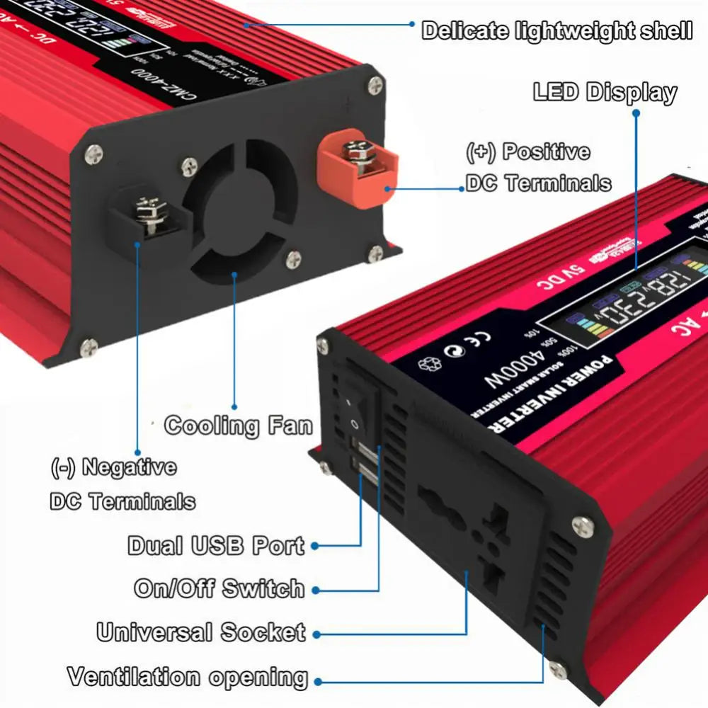 Car Pure Sine Wave Inverter, Portable power bank with LED display, multiple charging ports, and cooling features.