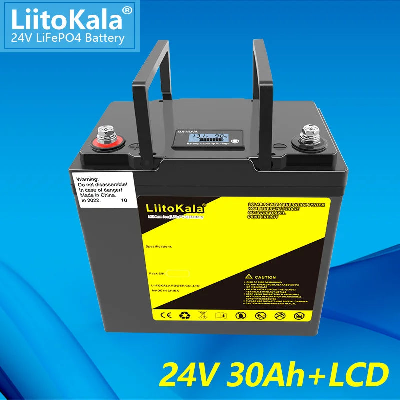 LiitoKala 24V 30Ah 40Ah lifepo4 battery, Off-grid power solution: 24V/30Ah or 40Ah LiFePO4 battery for RVs, golf carts, and off-road vehicles with LCD display.