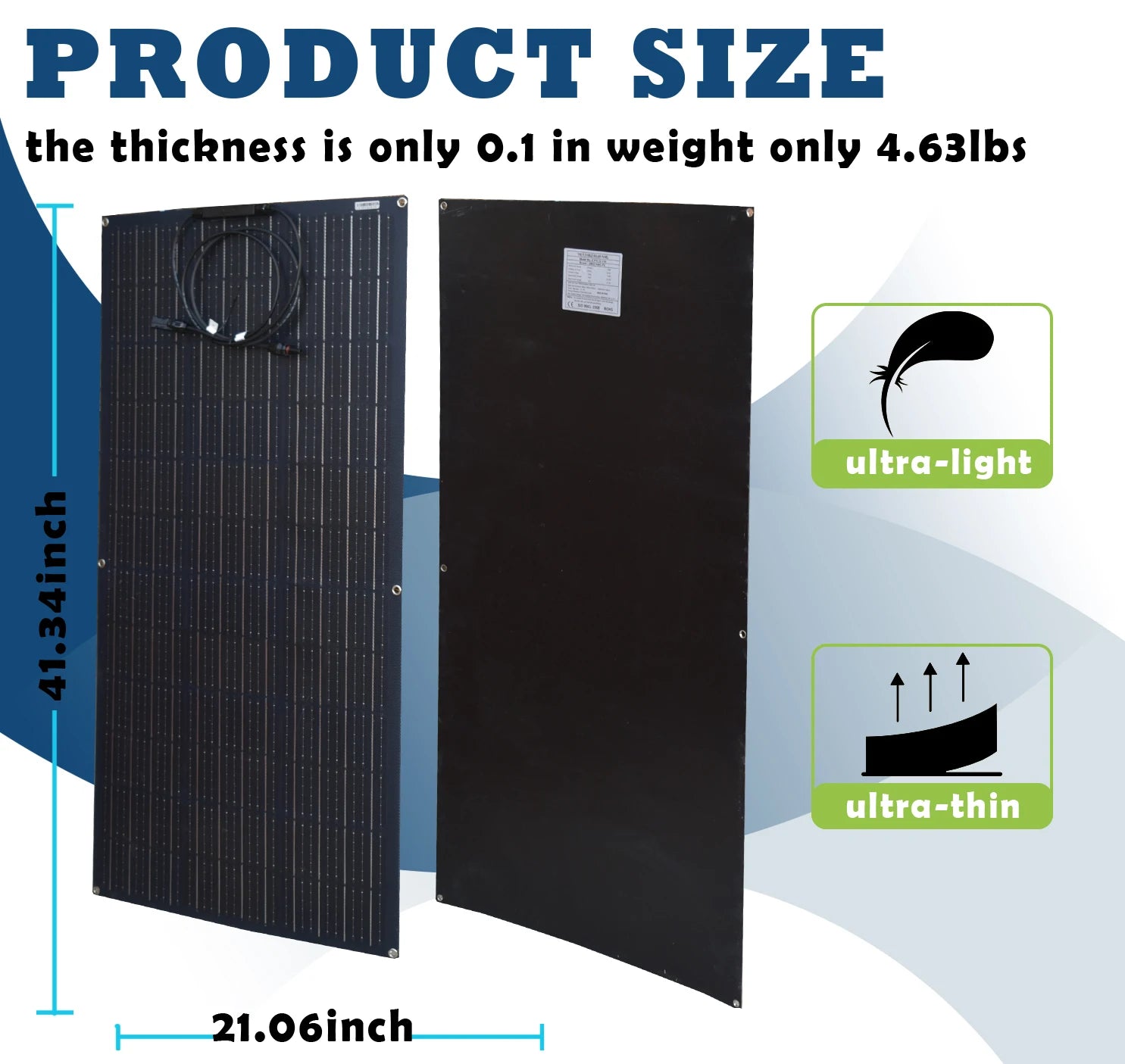 Thin and lightweight solar panel, measuring 21.06in long and weighing 4.63lbs.