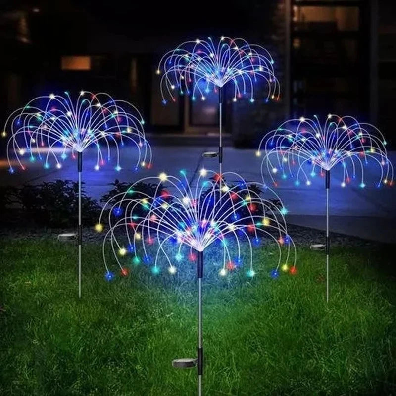 Solar Firework Light, Solar-powered garden stakes that automatically switch on at night, requiring no wiring.