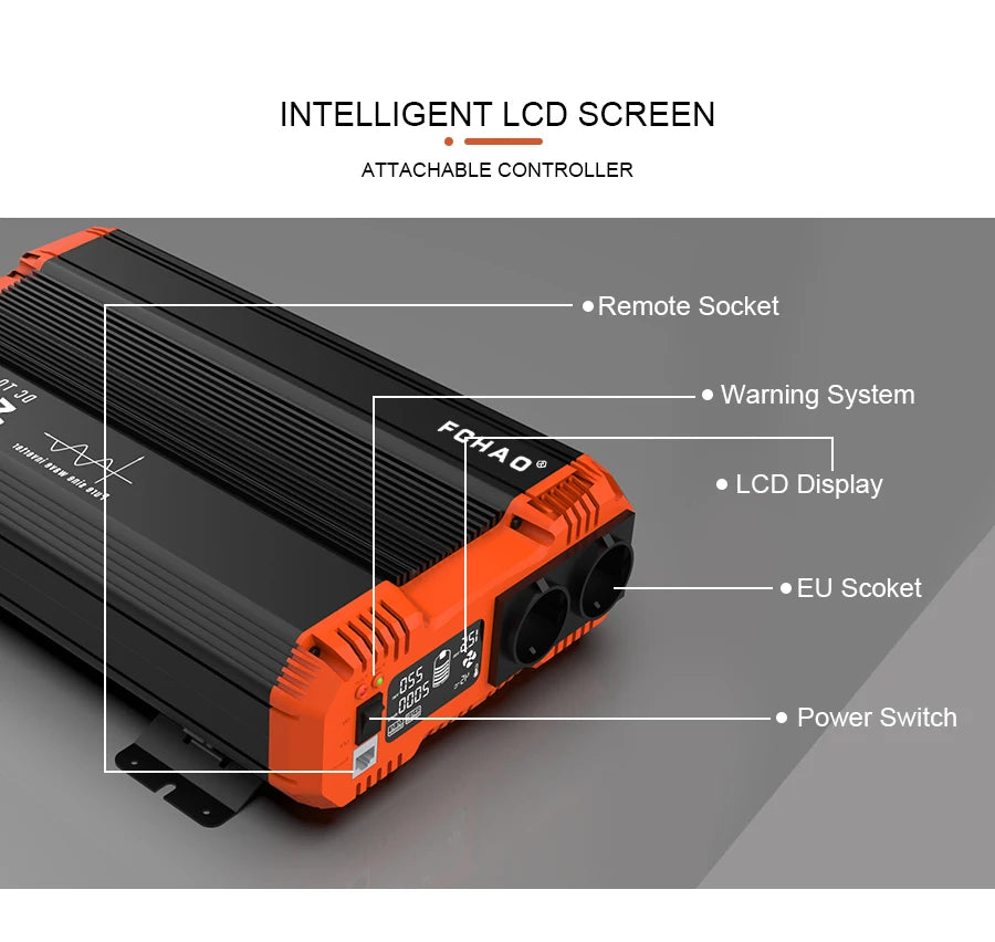 Intelligent inverter with attached controller, remote socket, and warning system featuring LCD display and EU socket.