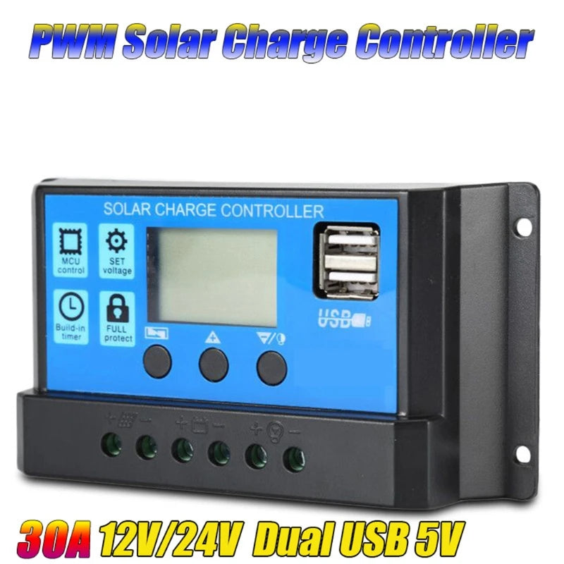 Solar power generator with dual USB ports and 30A max output current.