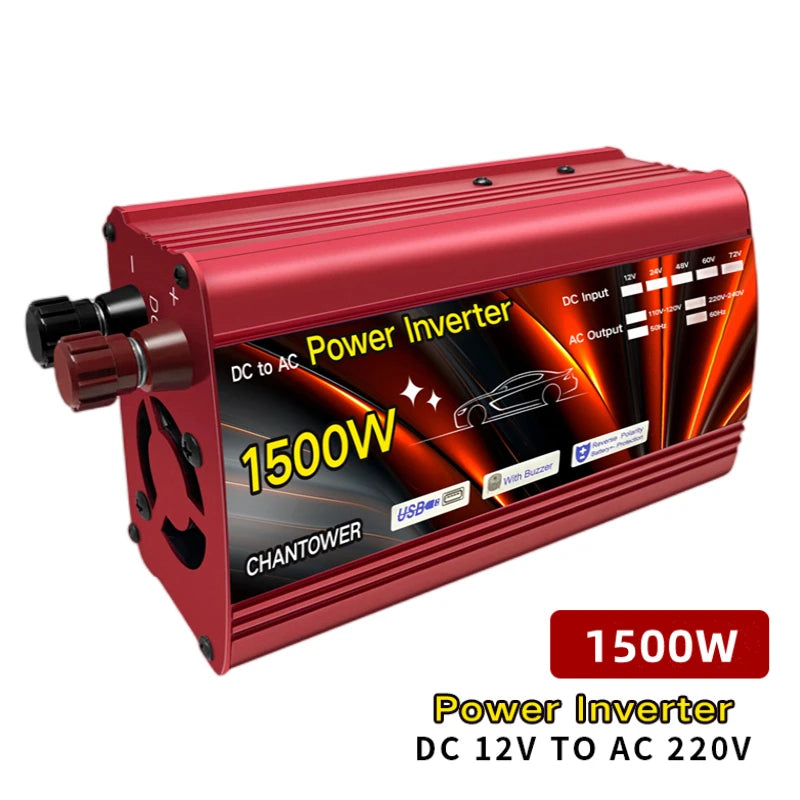 Solar Inverter, Converts 12V DC power to 1500W AC output, ideal for car chargers and small appliances.