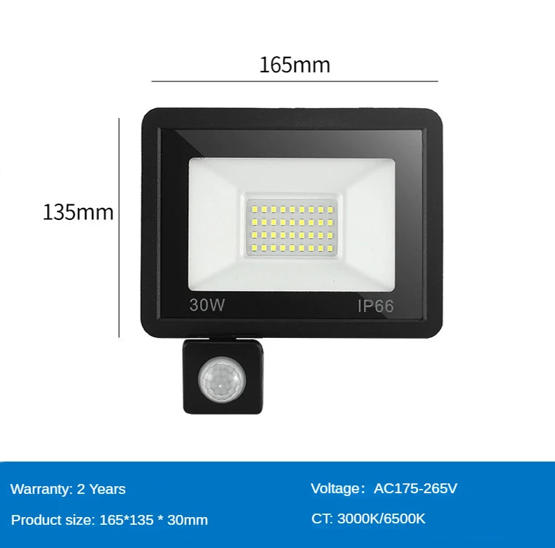 PIR Motion Sensor LED Flood Light, Outdoor LED flood light with IP66 waterproof rating, compact size, and 2-year warranty.