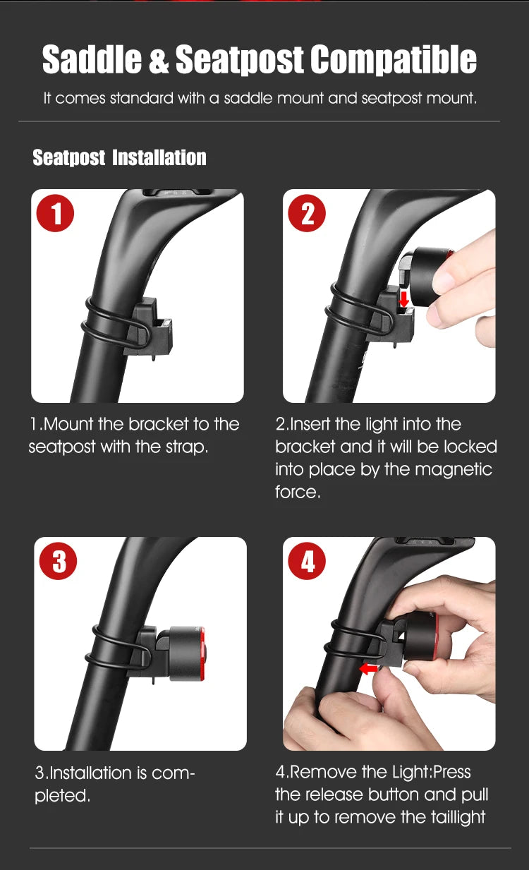 Gaciron LOOP-100 Smart Brake Bike Tail light, Easy installation with two mounts: saddle or seatpost. Magnetic force holds in place.