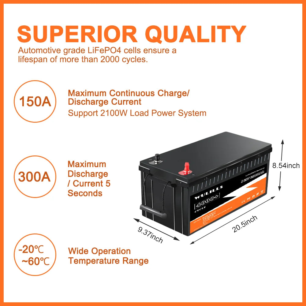 12V 200Ah LiFePO4 Battery, High-capacity LiFePO4 battery with long lifespan, suitable for solar power, RVs, and trolling motors.
