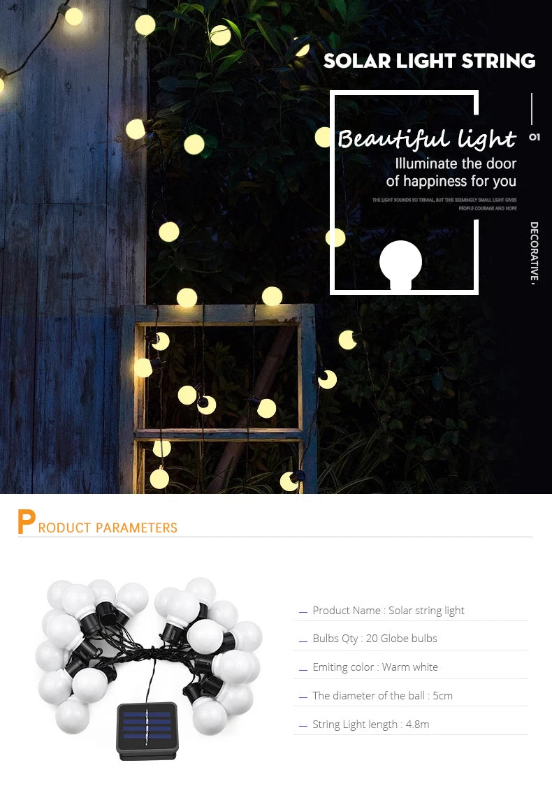 20 LED Outdoor Solar Light, Beautiful warm-white LED light string with 20 globe bulbs for outdoor/indoor use.