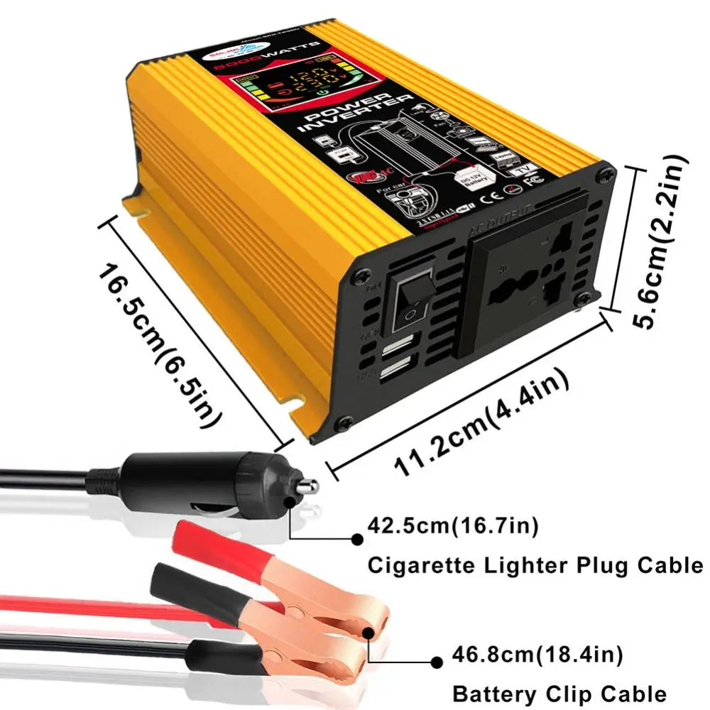 Car Inverter converts 12V to 220V, with USB and EU ports, compact design, ideal for charging on-the-go.