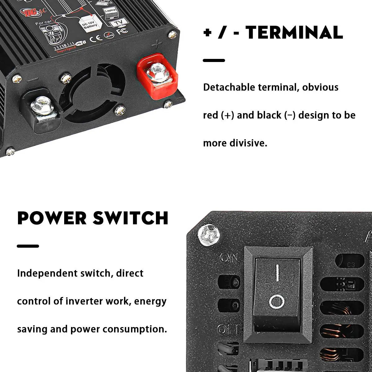 Inverter features an easy-to-read LCD display and clear terminal markings for simple connection.