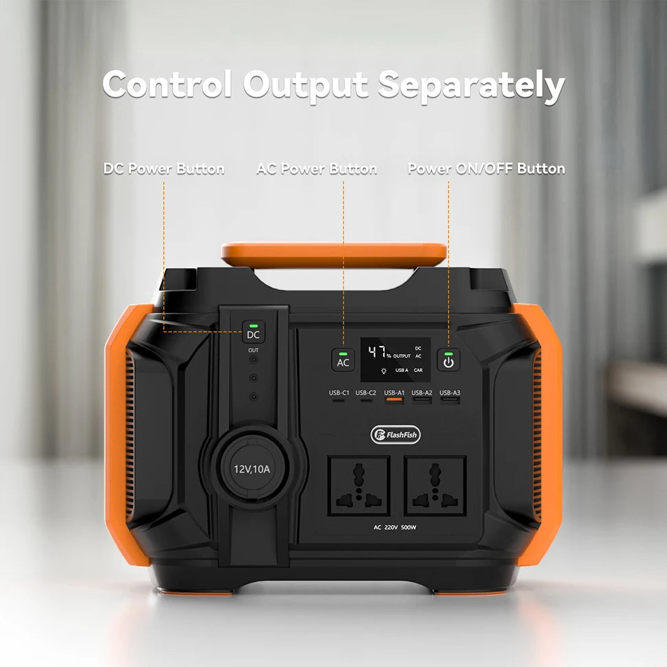 DC power control, switchable to AC output, with USB and AC ports for simultaneous device charging.