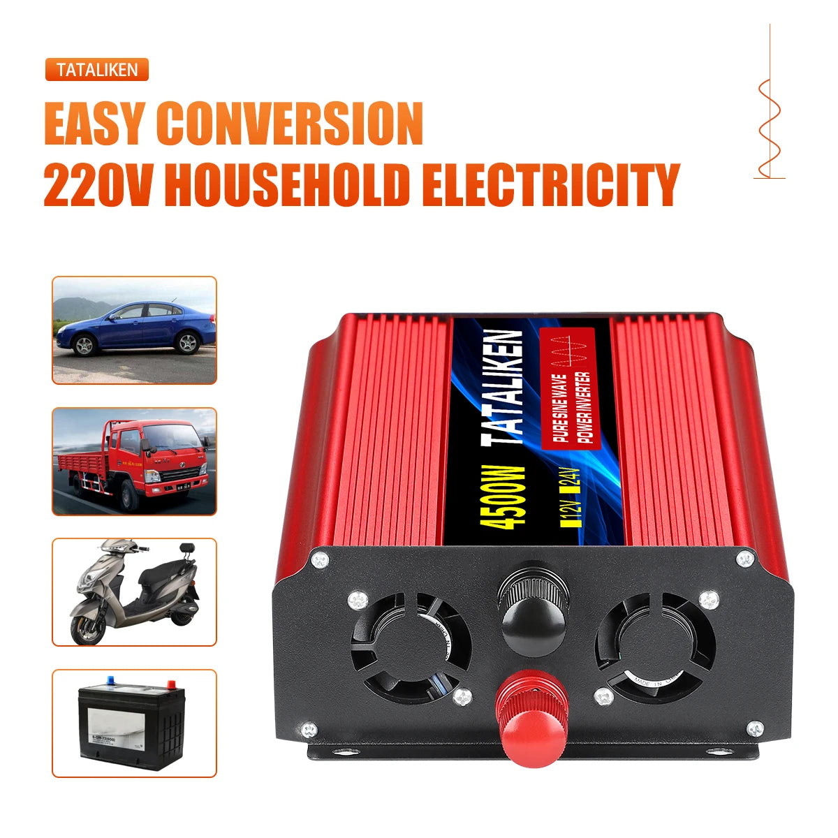 Converts battery DC power to AC household electricity with pure sine wave inverter.