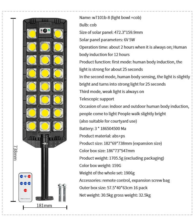 15000LM Solar Street Light, IP66 Waterproof LED Security Lamp For Yard