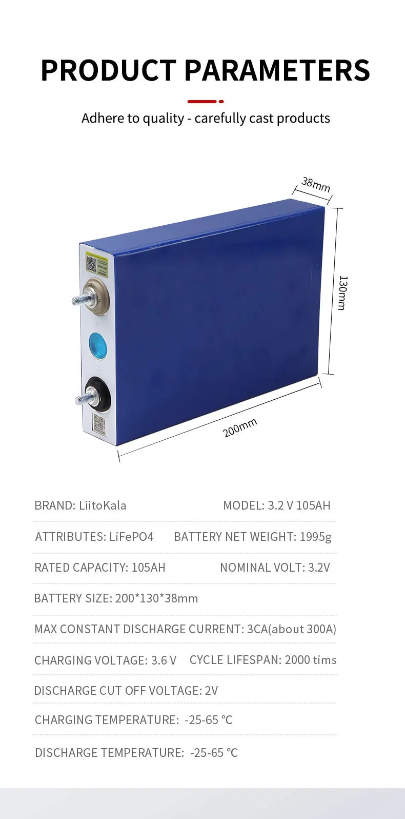 Liitokala 3.2V 105Ah LiFePO4 battery, Lithium Iron Phosphate battery for electric vehicles and solar power systems.