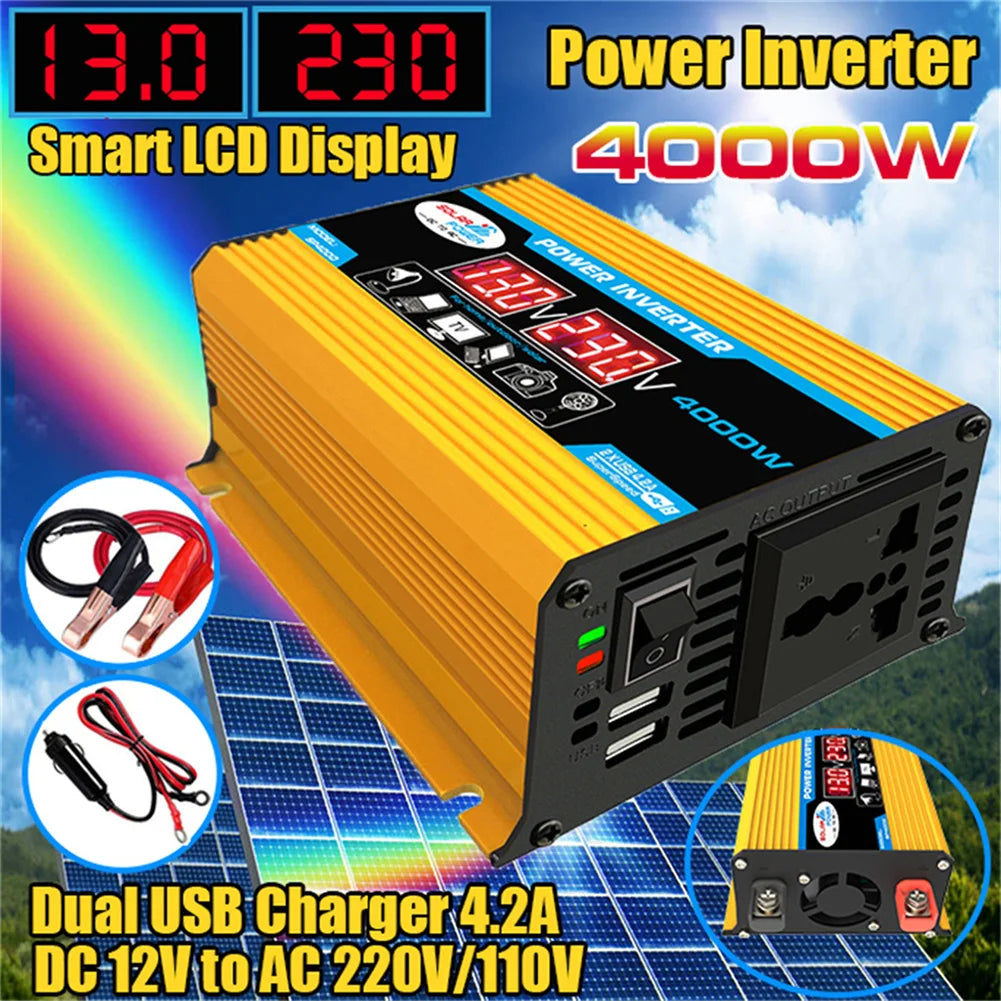 4000W Peak Solar Car Power Inverter, Smart Inverter with LCD display for charging devices on-the-go.