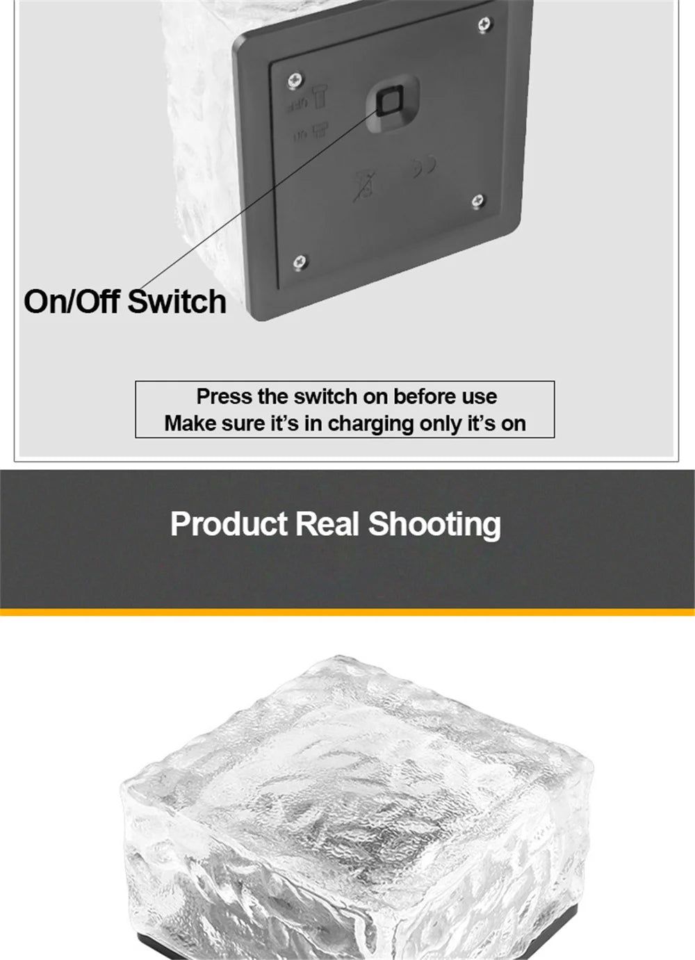 Solar Brick Ice Cube Light, Easy charging control: turn on/off and set to 'charging' mode initially.