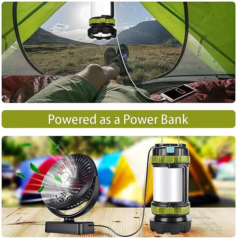 Portable LED camping lantern with built-in power bank for charging devices.