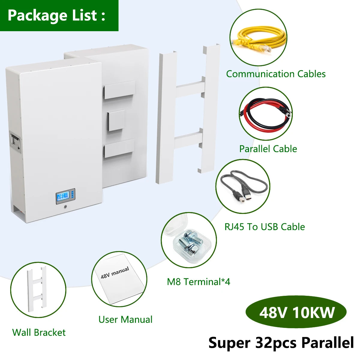 LiFePO4 Battery, Kit includes cables and accessories for connection and use, with manual included.