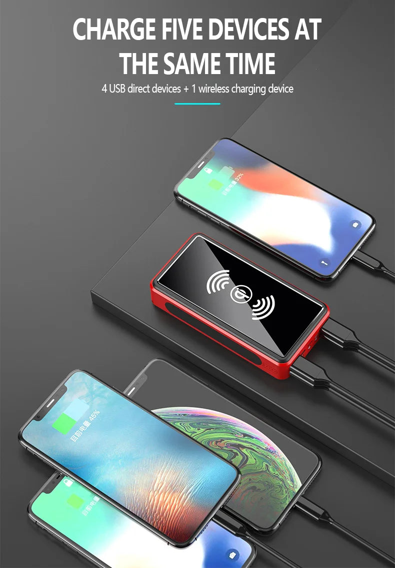 Wirelessly charge up to 5 devices simultaneously via 4 USB ports and Qi-compatible wireless charging.