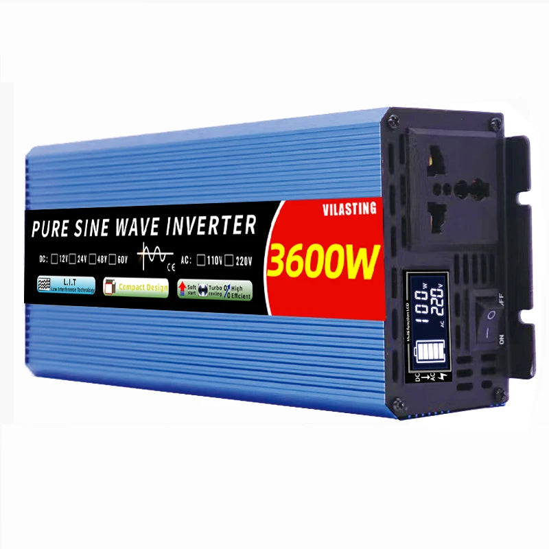 Pure sine wave inverter converts 12V DC to 220V AC, 4000W/3000W/2000W output, smart LCD display.
