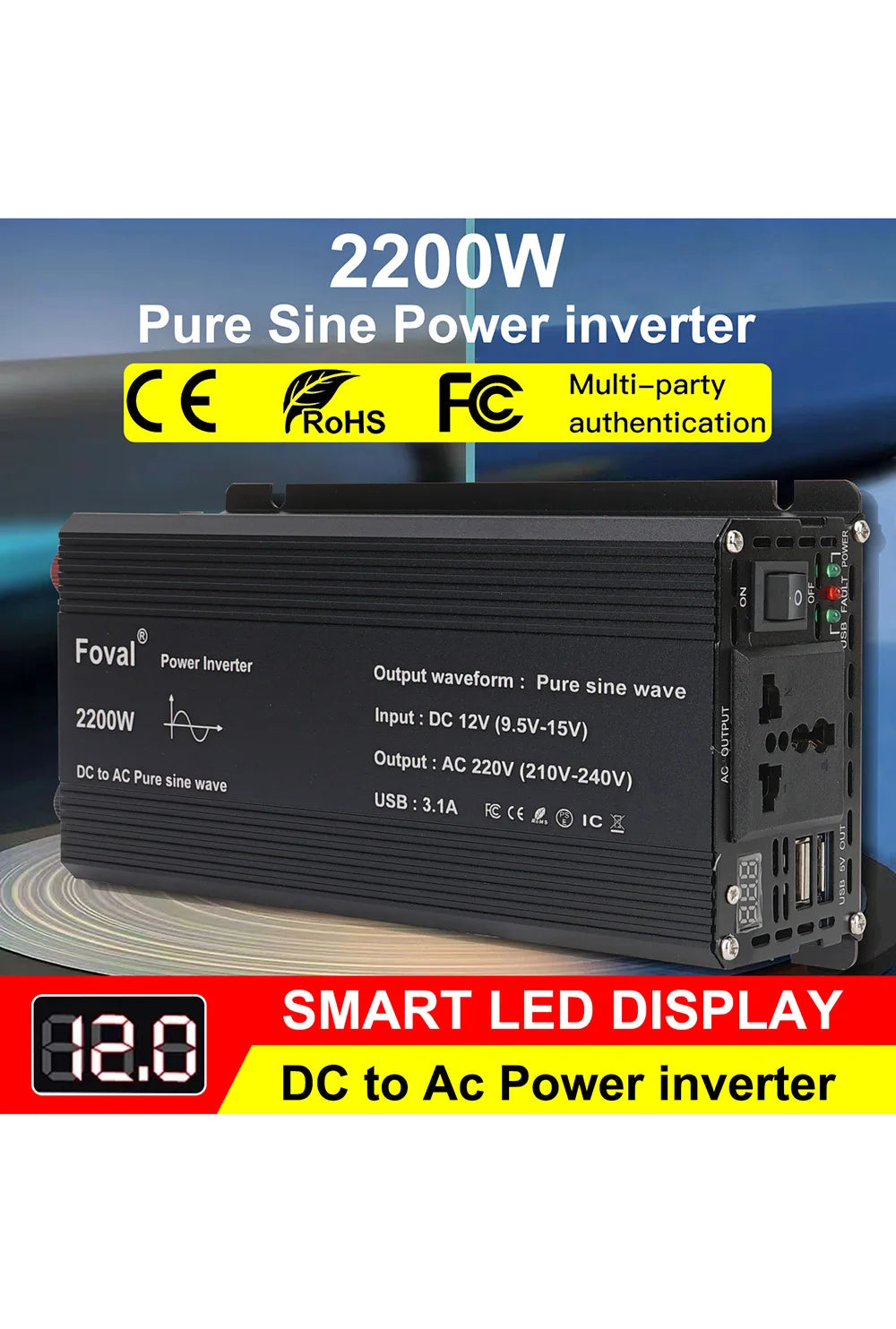 Pure Sine Wave Inverter, Portable power converter with pure sine wave output for solar and car systems.