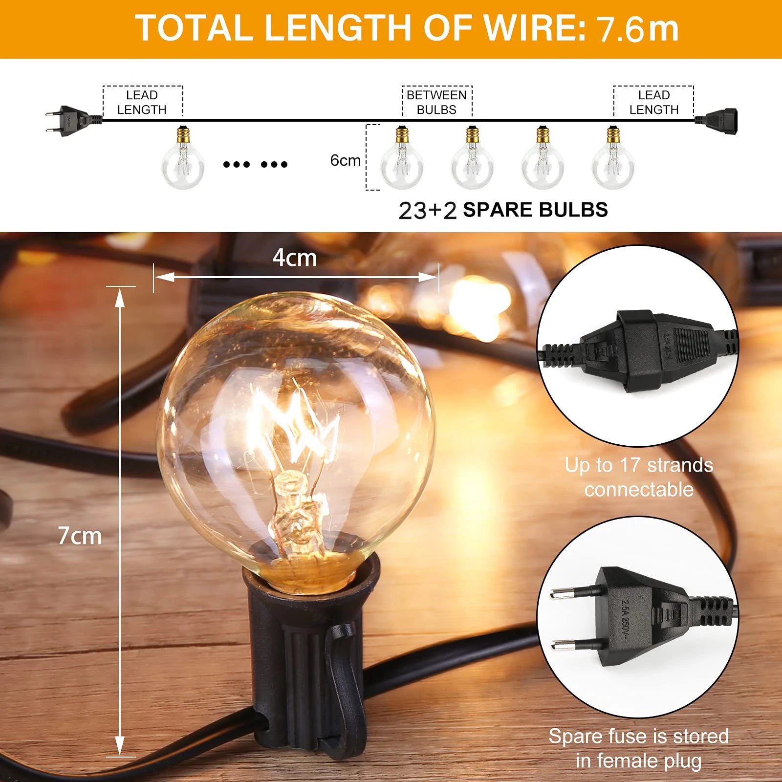 25FT Fairy String Light, Total wire length: 25 feet; 23 bulbs + 2 spares; connect 17 strands; spare fuse in female plug.