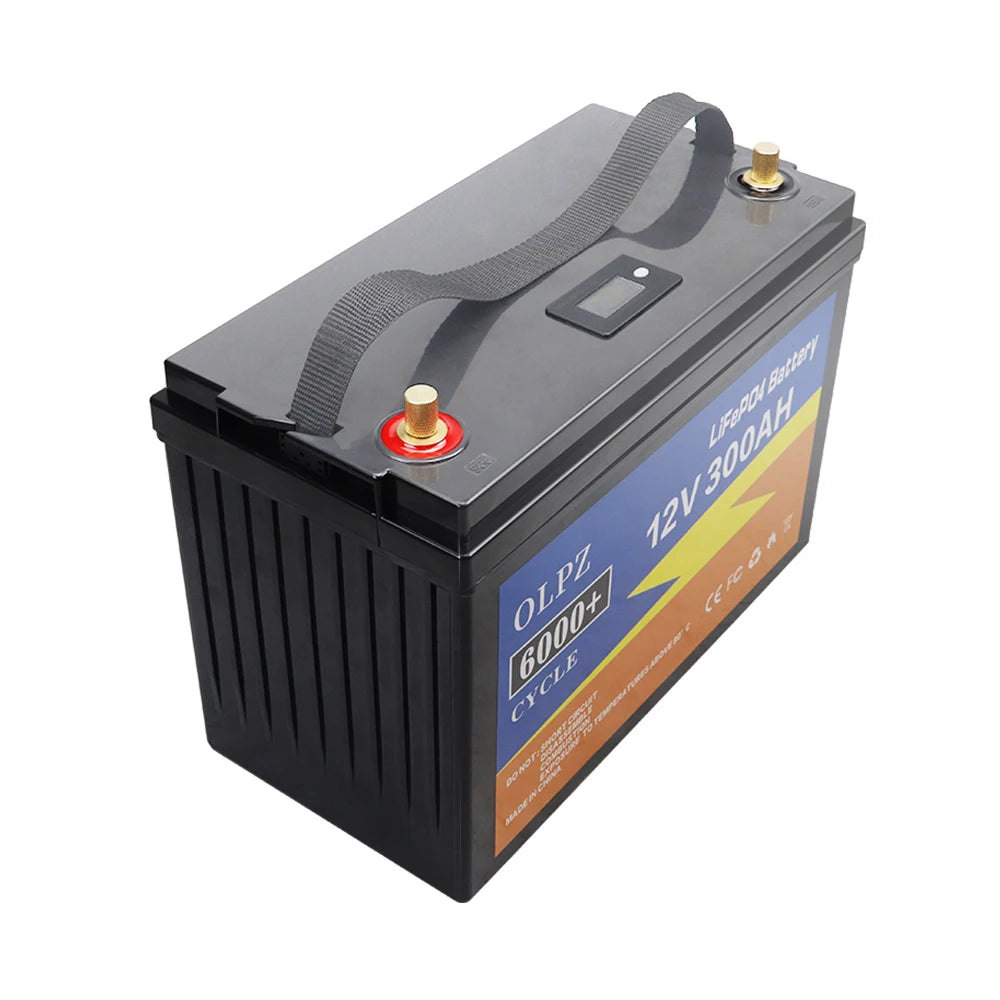 High-capacity 12V LiFePO4 battery with built-in BMS for campers, golf carts, and solar storage, providing long-lasting reliability.