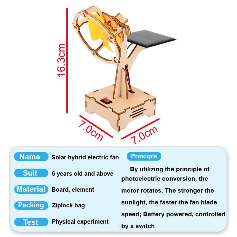 Children DIY Solar Powered Electric Fan Toy, Solar-powered fan that harnesses sunlight to spin blades, with battery backup and switch.