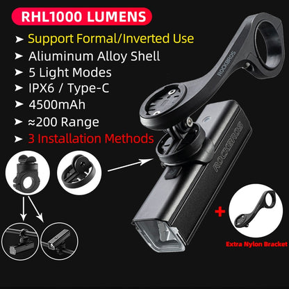 ROCKBROS D3-1000 Bike Front Light - IPX6 Rainproof Type-c Rechargeable Bicycle Light 1000LM Cycling Headlight LED Flashlight MTB Bike Lamp