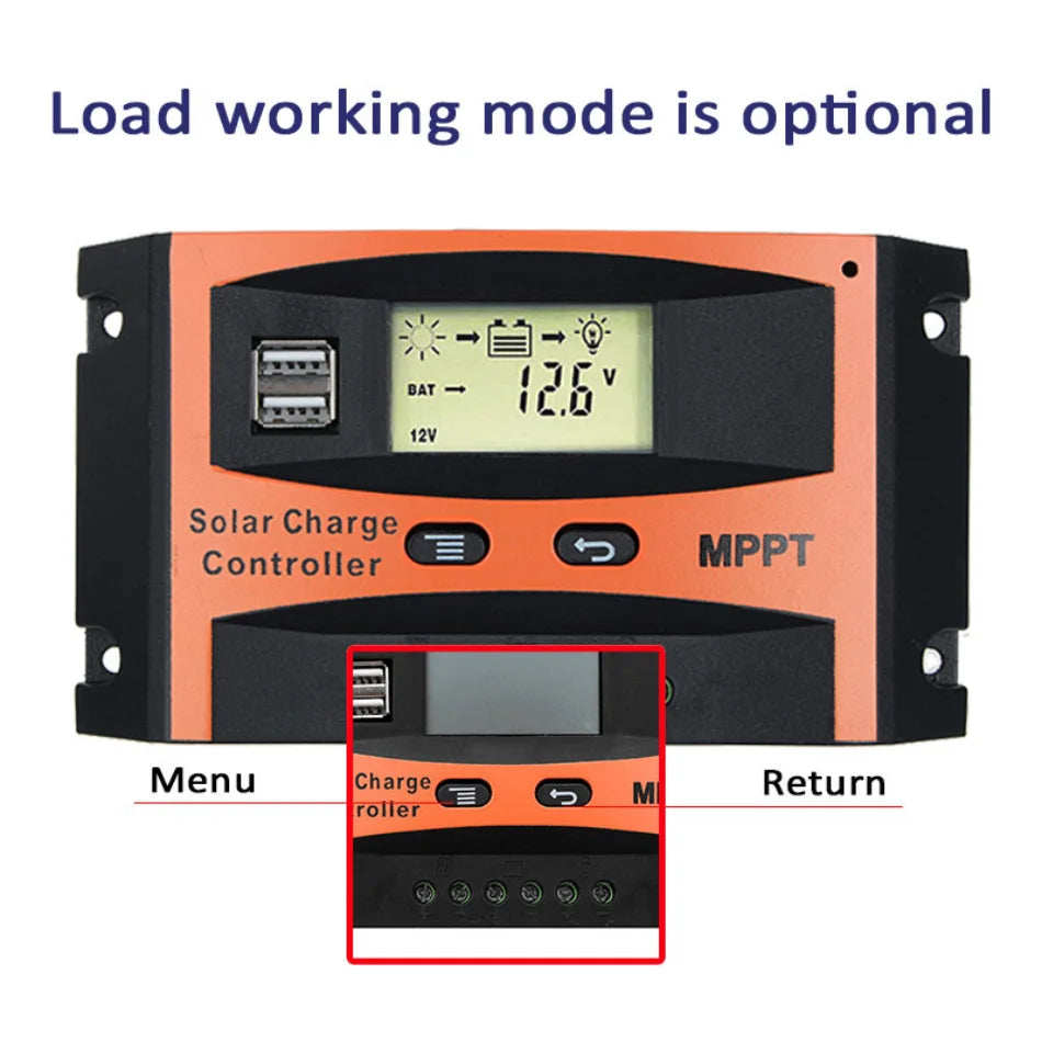 30A/40A/50A/60A MPPT Solar Charge Controller, Optional load modes include battery charging (BAT) and 12V solar charging with MPPT efficiency.