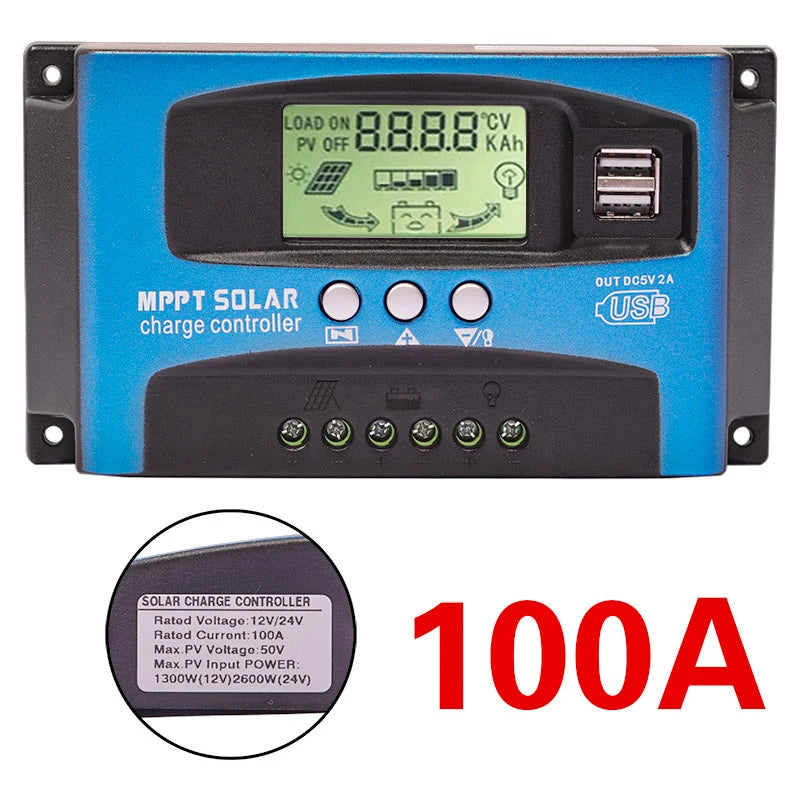 MPPT solar charge controller with LCD display and 100A load capabilities.