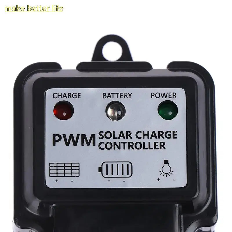 Solar charge controller regulates battery charging from 6V/12V solar panels, supporting up to 10A current.
